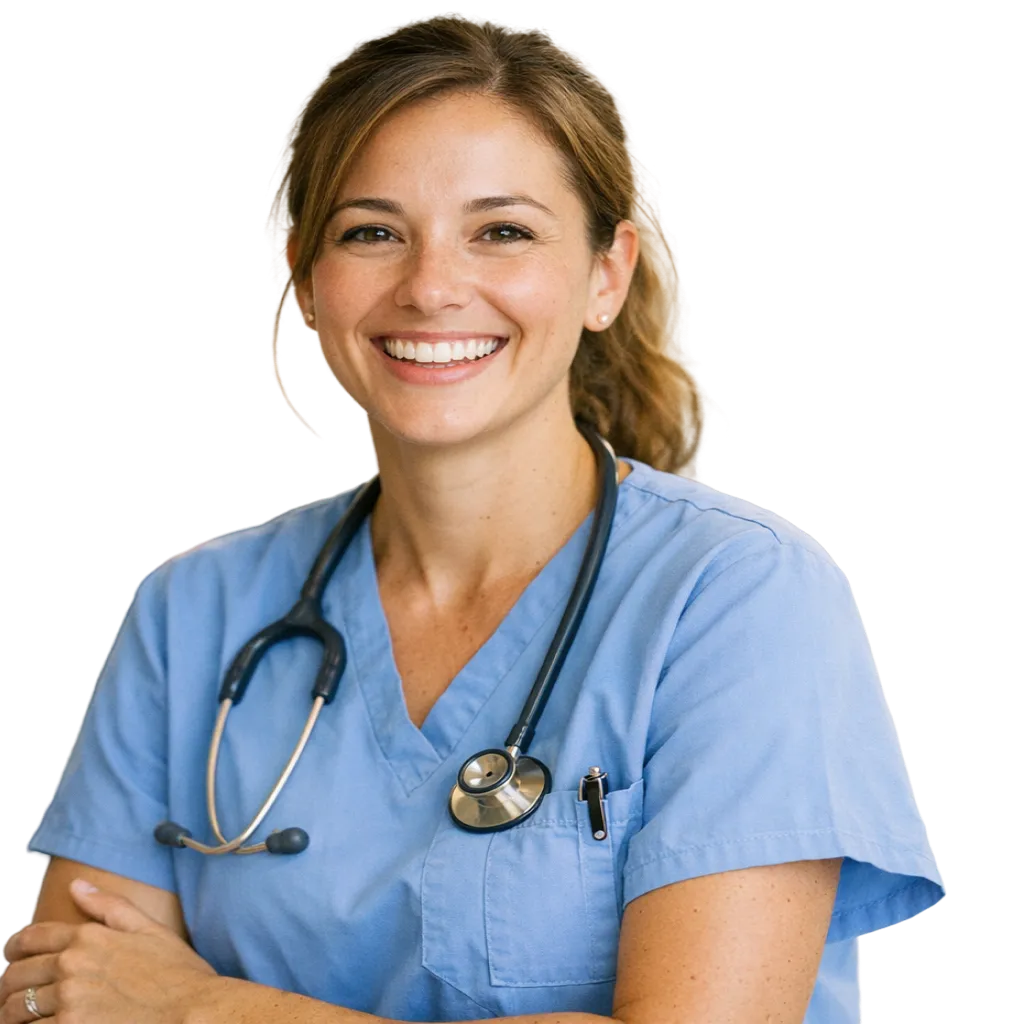 Smiling nurse in blue scrubs with a stethoscope