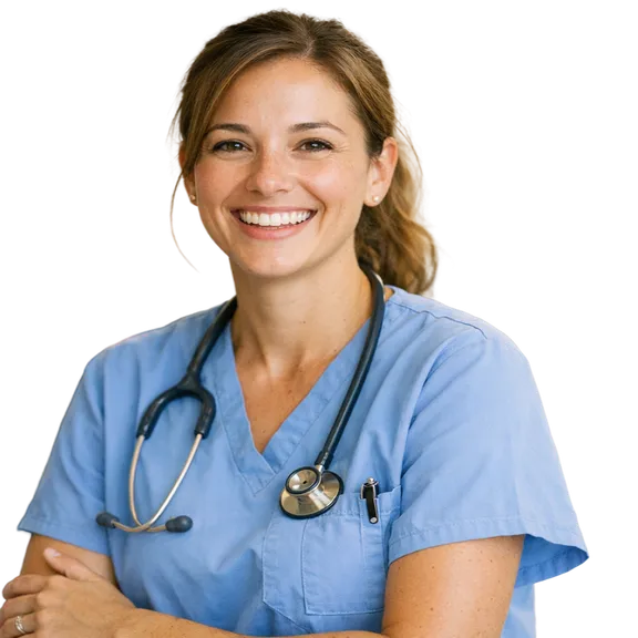 Smiling nurse in blue scrubs with a stethoscope